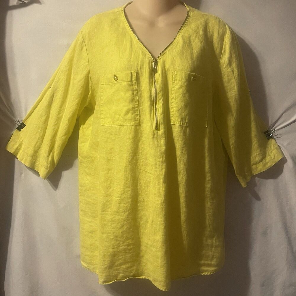 COMPANY ELLEN TRACY  Limeade Yellow Quarter Zip Linen Tunic/Blouse  M